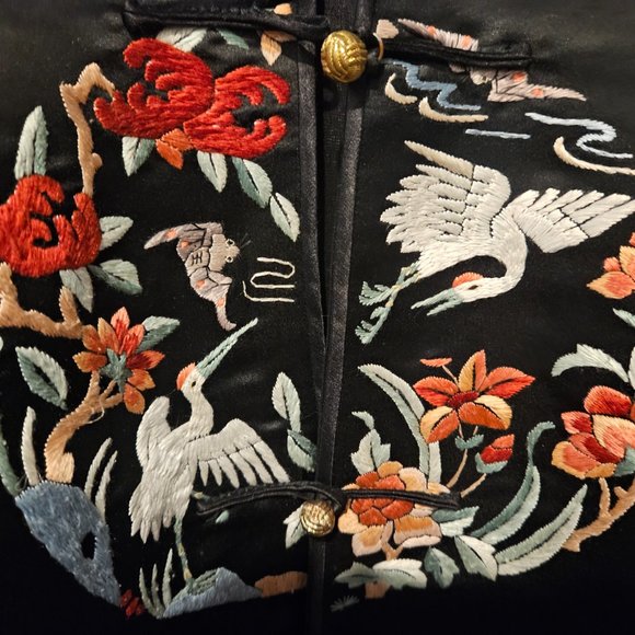 Silk Embroidered Black Floral Birds Jacket 3/4 Sleeve Side Slits DUNHUANG XL - Picture 5 of 7